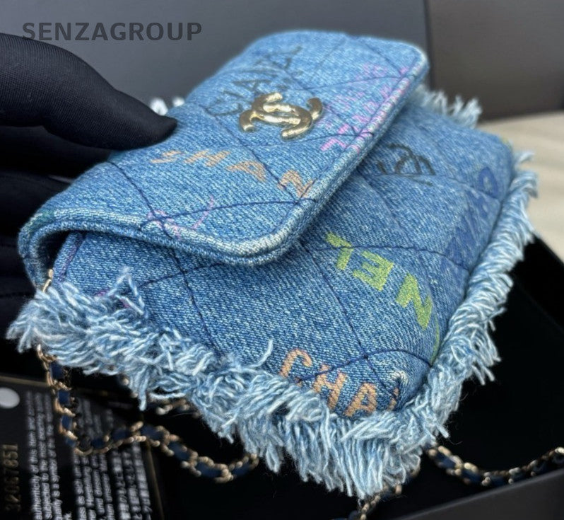 Chanel Diamond Mini Denim Chain Shoulder Bag Crossbody Blue Gold Women Classic
