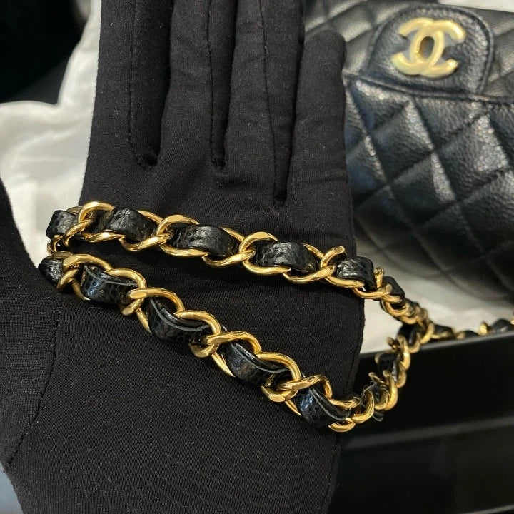 Chanel Classic Flap PM Calfskin Shoulder Crossbody Bag Black Gold Women D