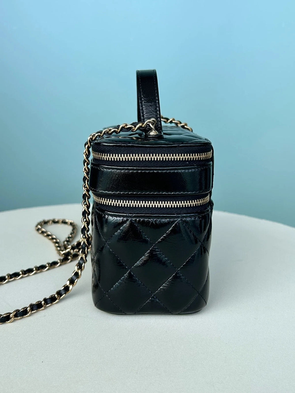 Chanel Diamond Calfskin Chain Top Handle Crossbody Black Gold Women Classic