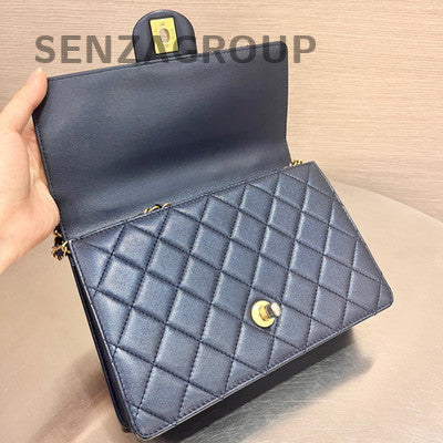 Chanel Classic Flap Blue Gold Pearl Chain Crossbody Bag - Women's Fashion