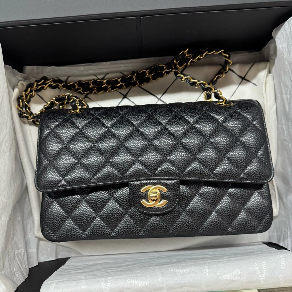 CHANEL CF Medium Black Gold Caviar Leather Shoulder Bag For Women