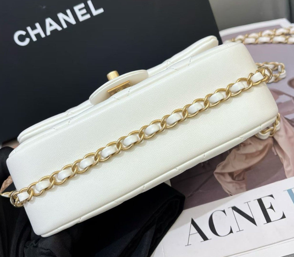 Chanel Classic Flap Chain Lambskin Shoulder Bag White Gold Women Fashion Diamond