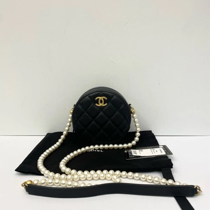 CHANEL Quilted Leather Round Pearl Chain Crossbody Bag For Women