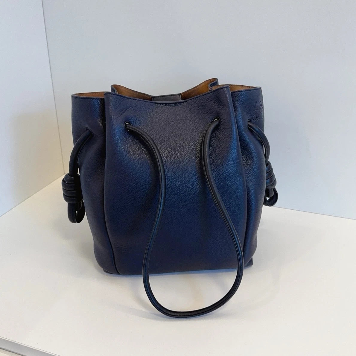 Authentic Loewe Flamenco Knot Navy Blue Drawstring Tote Shoulder Crossbody Bag