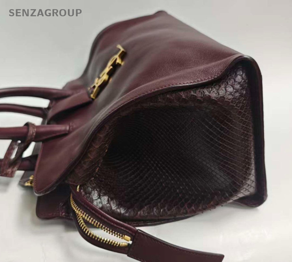 Saint Laurent Snakeskin 2Way Top Handle Bag Crossbody Red Gold Women Classic