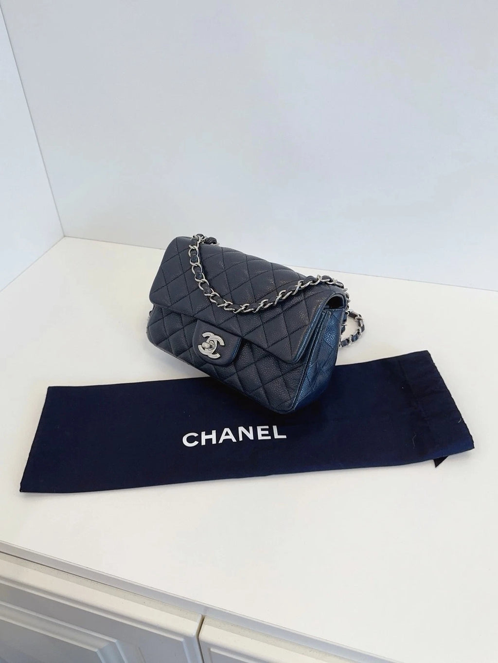 Chanel Flap Mini Crossbody Shoulder Bag Black Silver Excellent