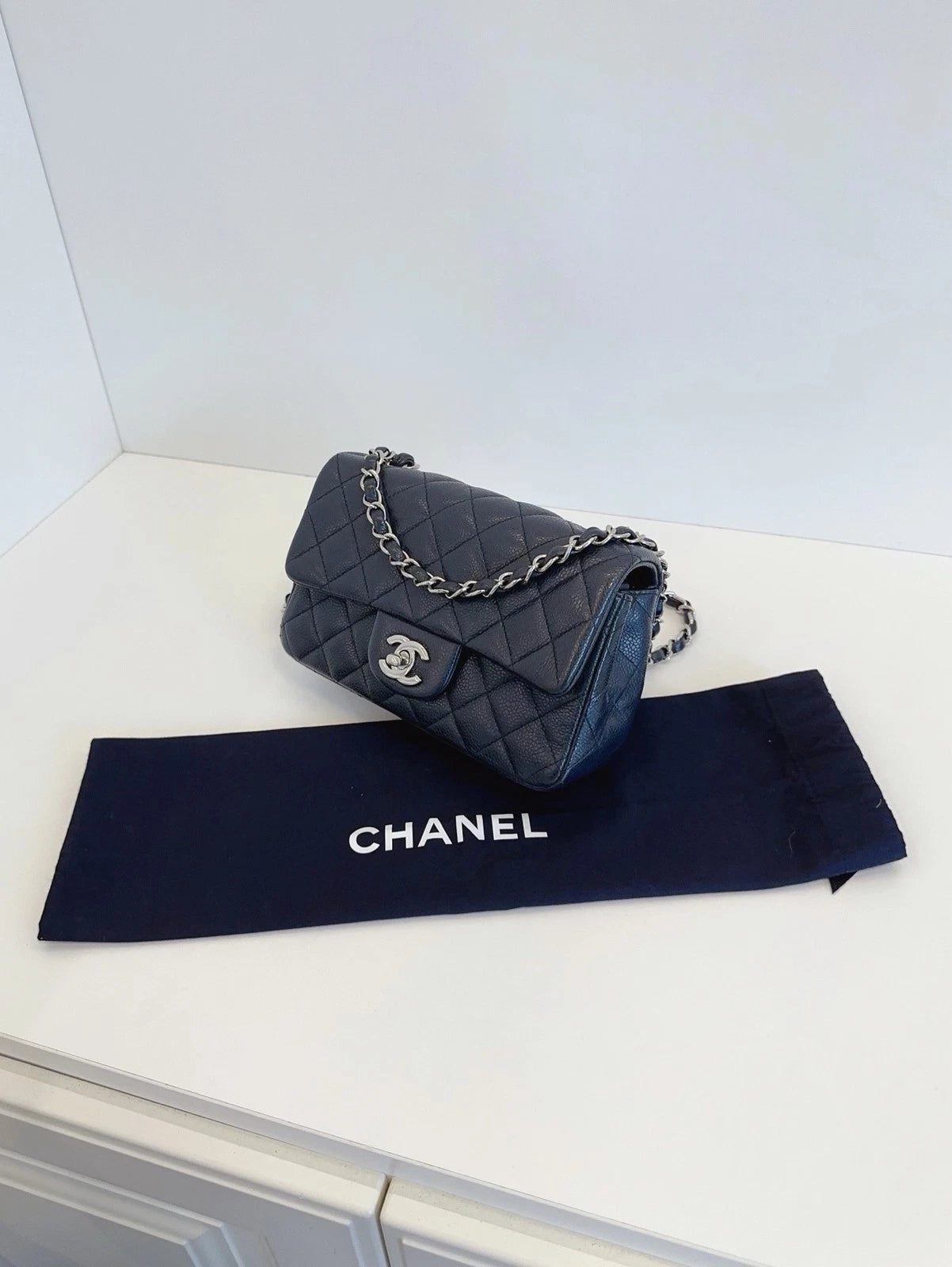 Chanel Flap Mini Crossbody Shoulder Bag Black Silver Excellent