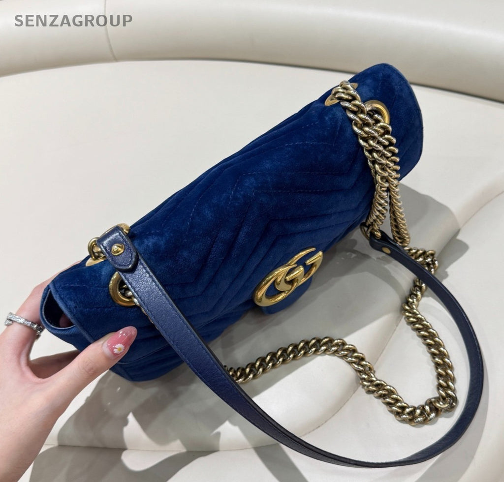 GUCCI GG Marmont 26 velvet Chain Shoulder bag Crossbody Blue Gold Women Classic