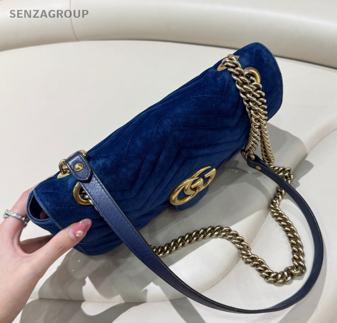 GUCCI GG Marmont 26 velvet Chain Shoulder bag Crossbody Blue Gold Women Classic