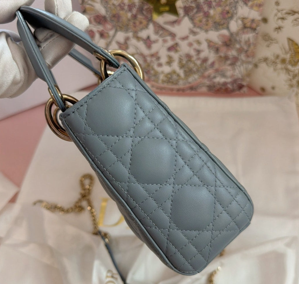 Christian Dior Lady Dior Chain Crossbody Top Handle Bag Blue Gold Women Classic