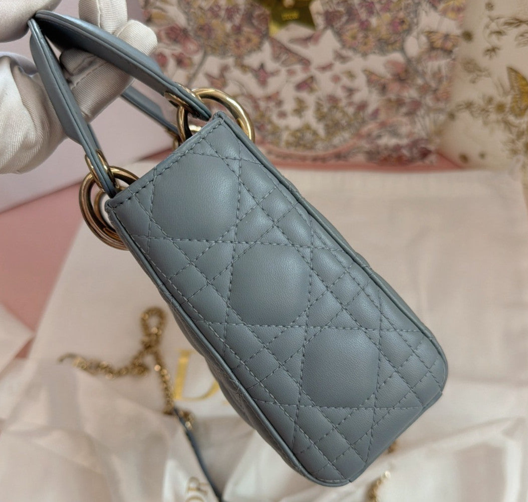 Christian Dior Lady Dior Chain Crossbody Top Handle Bag Blue Gold Women Classic