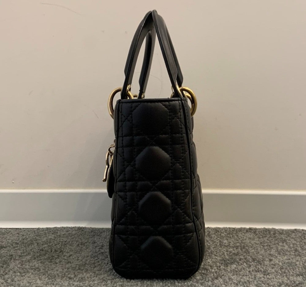 Christian Dior Lady Dior Lambskin Top Handle Bag Black Gold Used Women Classic
