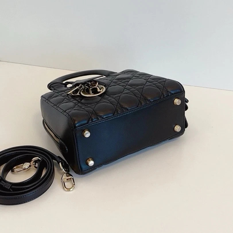 Christian Dior Lily Cannage 2-Way Black Top Handle Bag Crossbody Gold Hardware