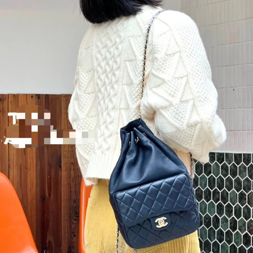 Chanel Backpack Lambskin Chain Navy Gold Hardware Women S
