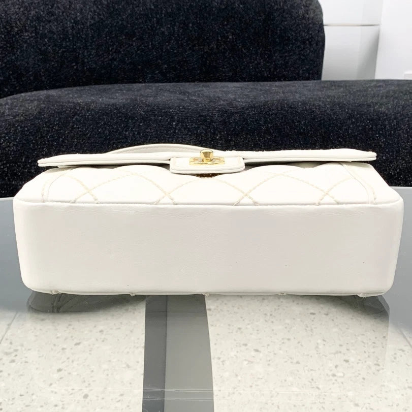 Chanel Calfskin Diamond Top Handle Shoulder Bag White Gold Hardware Women S