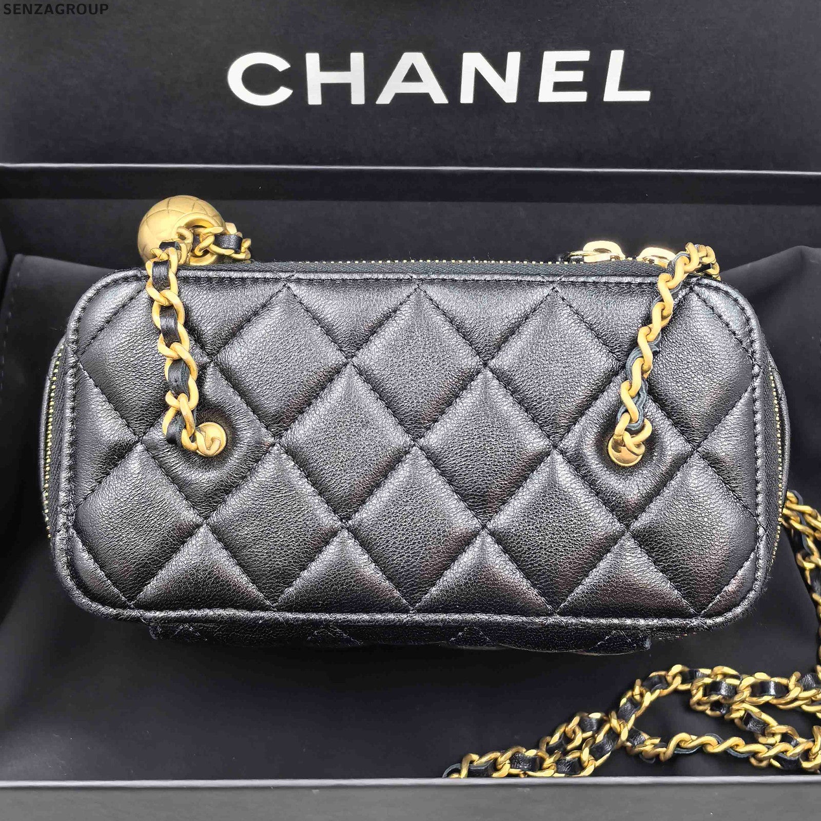 Chanel Classic Black Gold Quilted Chain Cosmetic Crossbody Bag