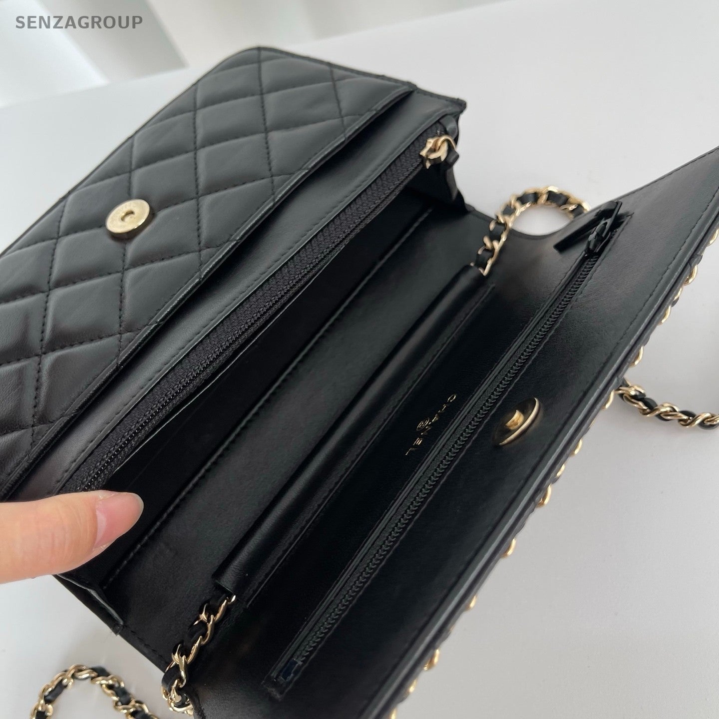 Chanel WOC Chain Shoulder Bag Crossbody Black Gold Women Classic Diamond