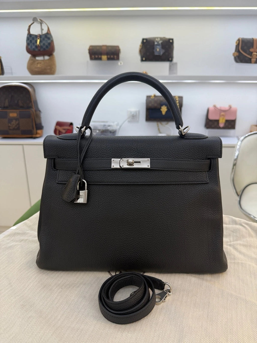 Hermes Kelly32 Black Silver Togo Leather Top Handle Bag For Women