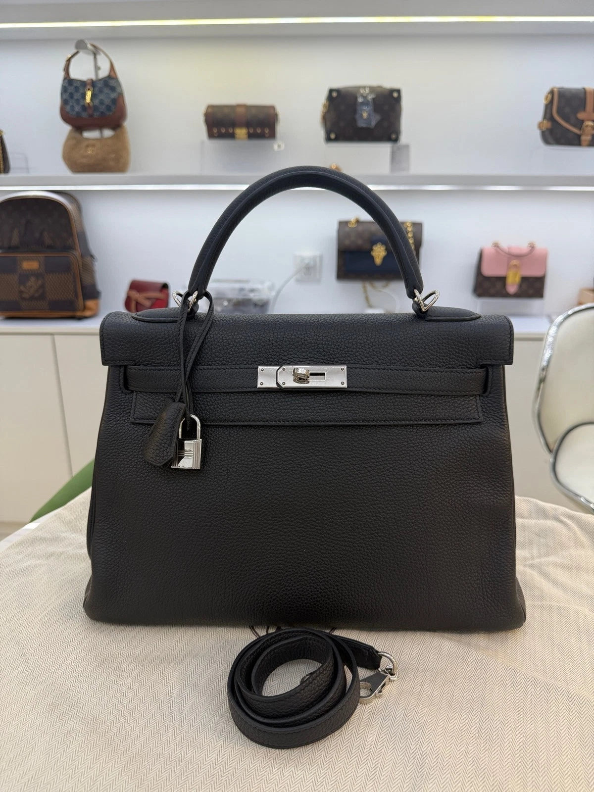 Hermes Kelly32 Black Silver Togo Leather Top Handle Bag For Women