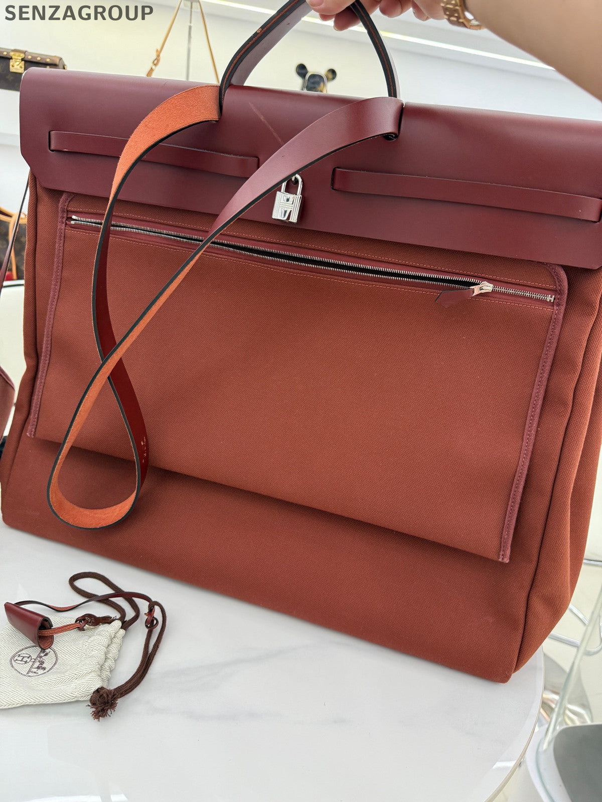 Hermès Herbag 50 Canvas Brick Red Silver Hardware Tote Shoulder Bag Women