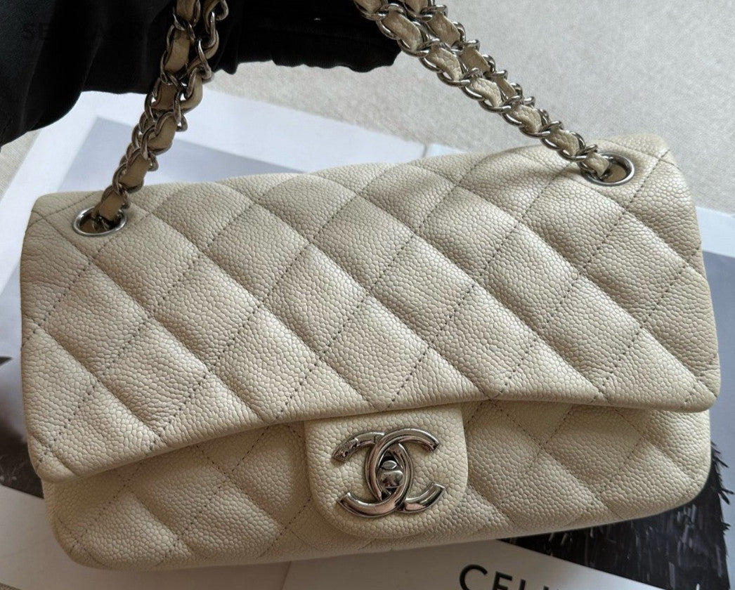 Chanel Classic Flap Calfskin Chain Shoulder Bag Ivory Silver Women Designer