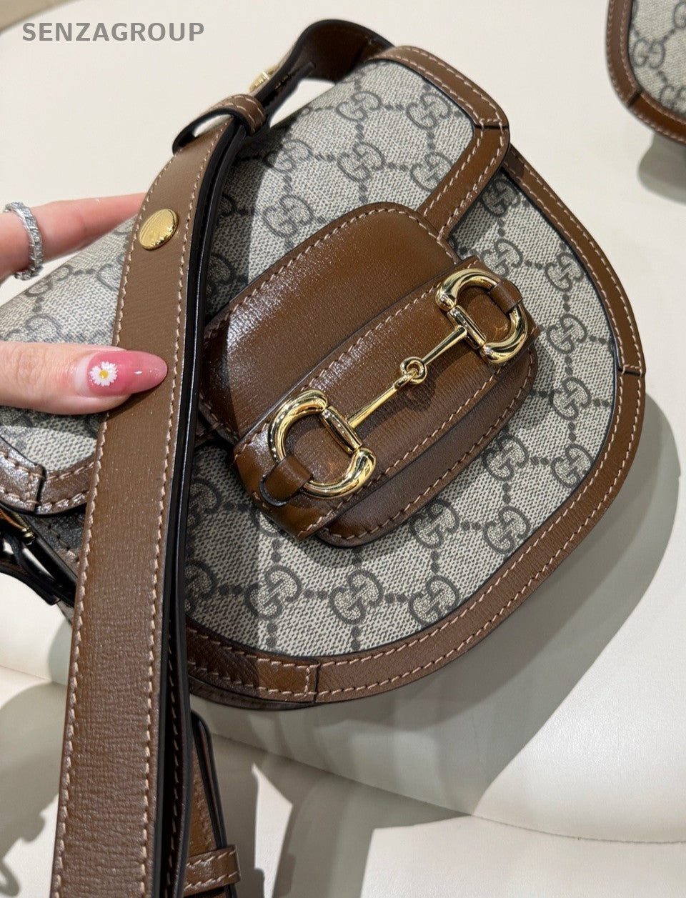 GUCCI 1955 Horsebit Saddle mini Monogram Shoulder bag Brown Gray Women Classic
