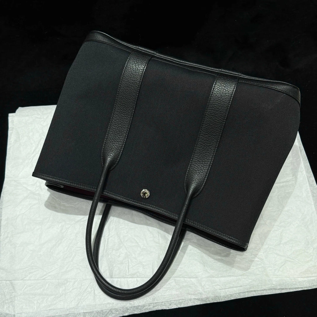 Hermes Garden Party36 Canvas Top Handle Bag Black Silver Women Classic