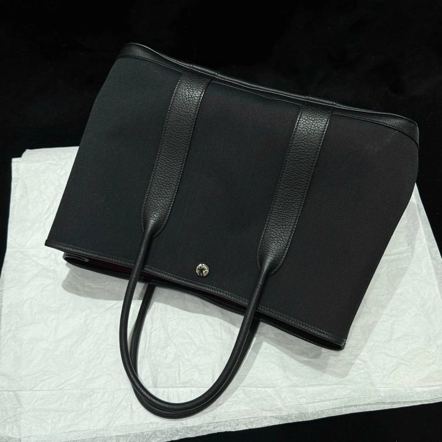 Hermes Garden Party36 Canvas Top Handle Bag Black Silver Women Classic