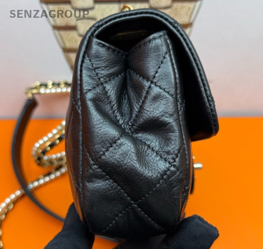 Chanel Classic Flap Pearl Chain Shoulder Bag Black Gold Diamond Women Fashion