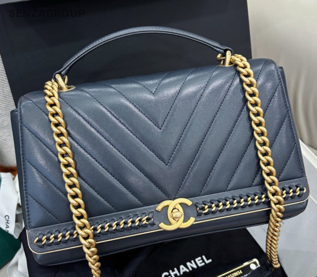 Chanel Chain 2Way Handbag Shoulder Bag Crossbody Blue Gold Women Classic
