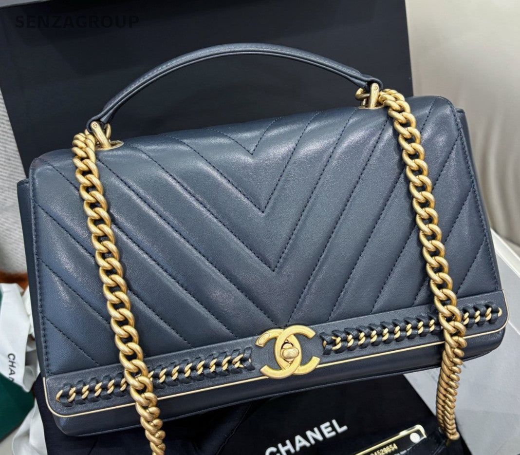 Chanel Chain 2Way Handbag Shoulder Bag Crossbody Blue Gold Women Classic