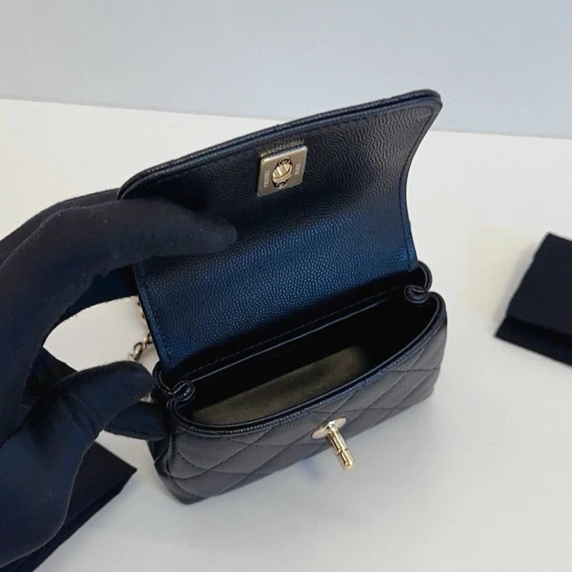 New Chanel Coco Handle Nano Calfskin Top Handle Chain Crossbody Black GHW