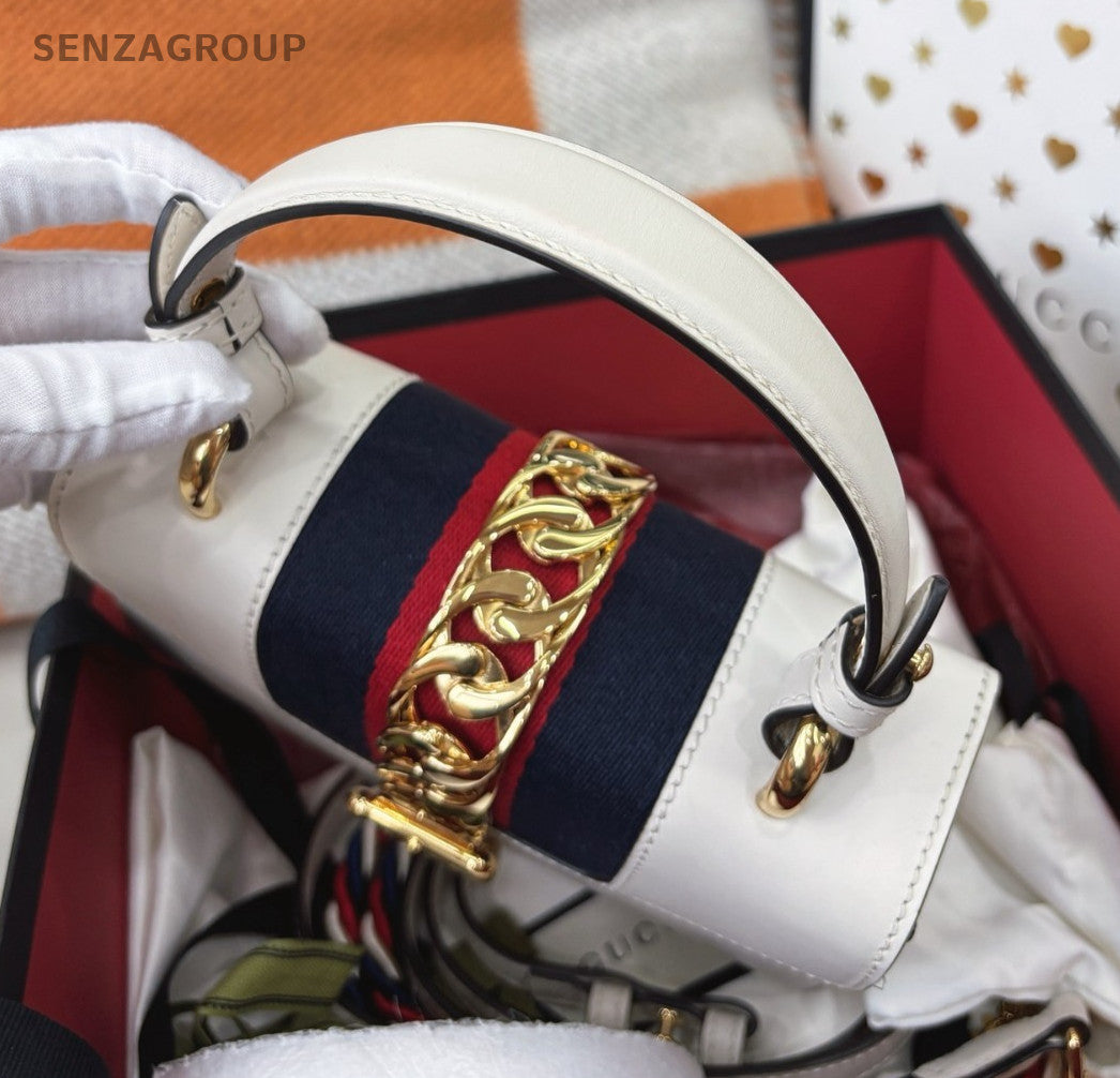 GUCCI Sylvie PM Top Handle  2WAY Shoulder Handbag White Gold Women