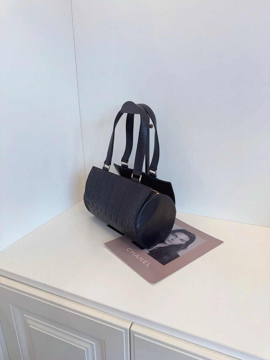CHANEL Black Gold Leather Cylinder Barrel Shoulder Bag For Women