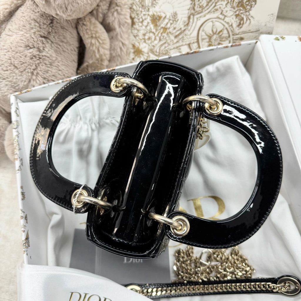 Dior Lady Dior Leather Black Gold Top Handle Excellent