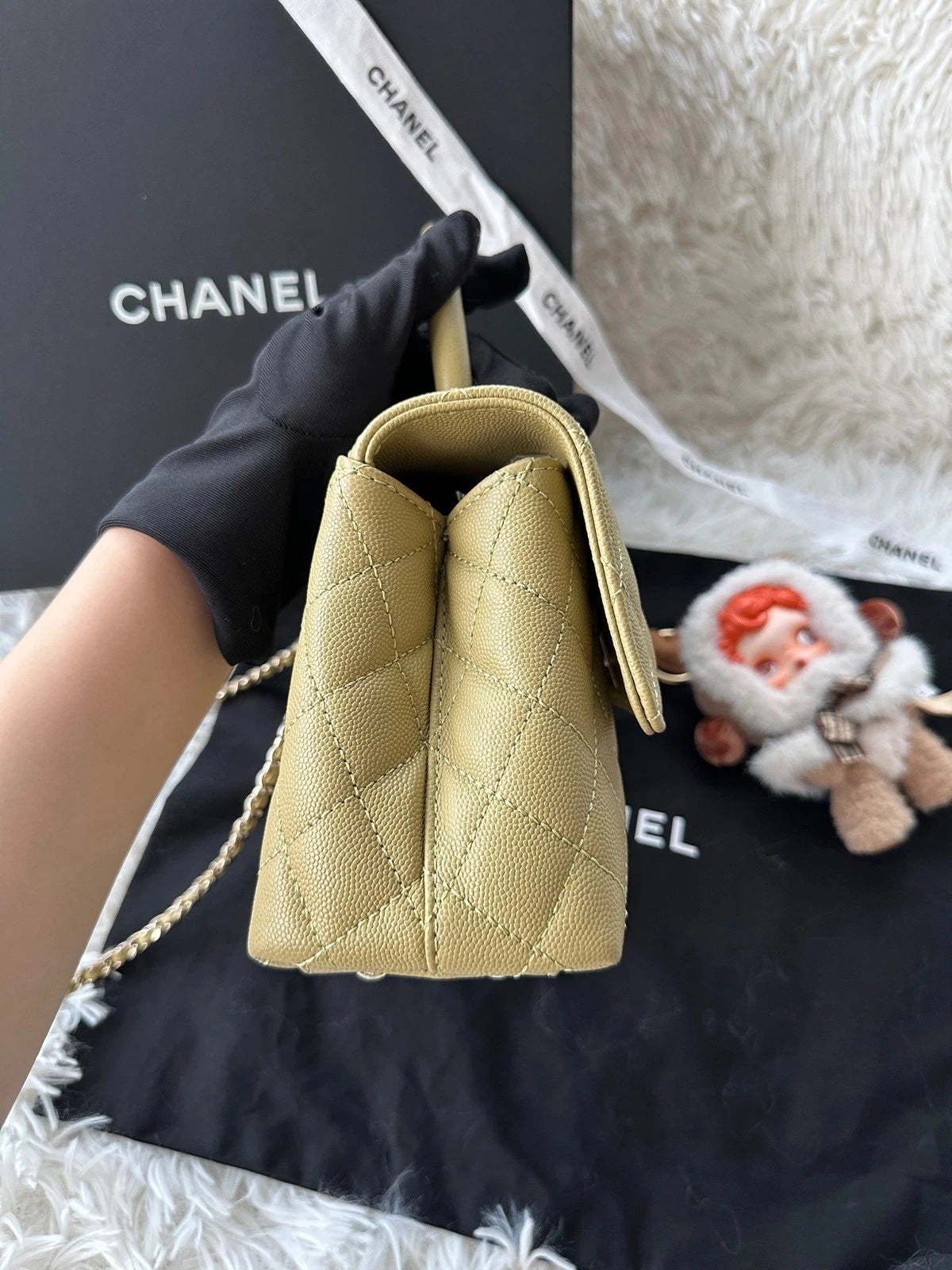CHANEL Coco Handle Small Green Litchi Leather Top Handle Bag For Women
