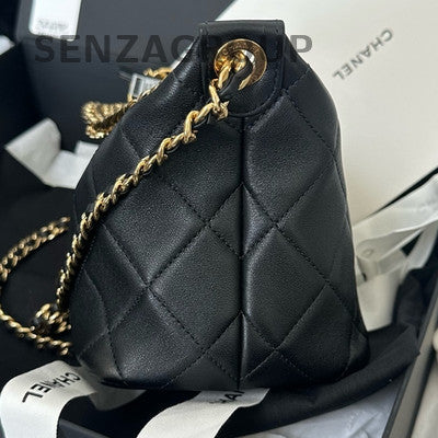 Chanel Quilted Lambskin Black Gold Chain Hobo Shoulder Bag Classic