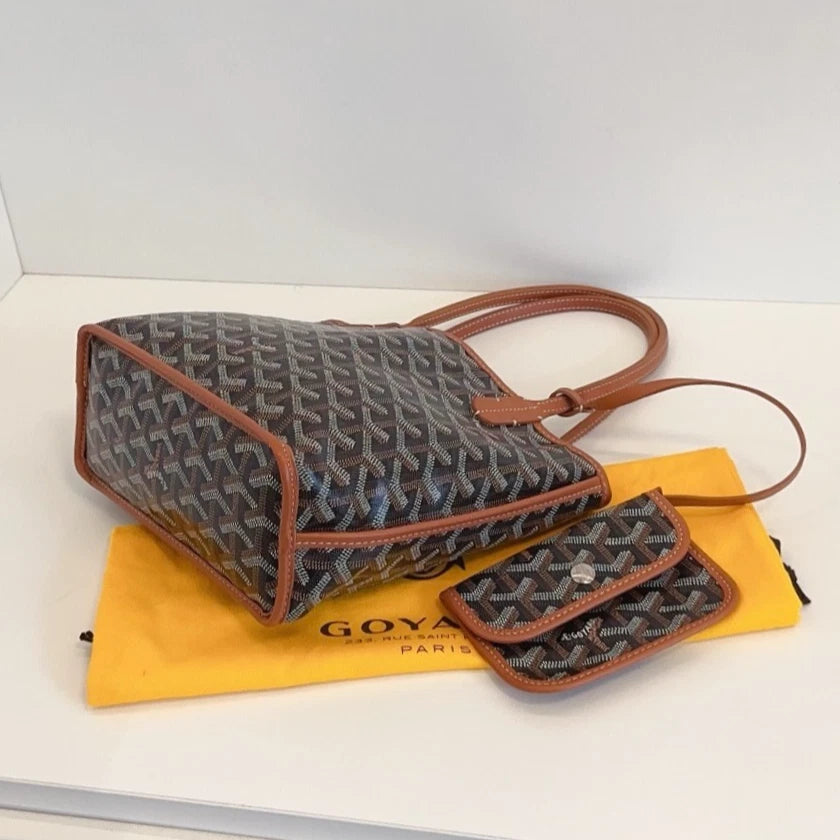 Goyard Anjou Mini Tote Top Handle Shoulder Bag Black Brown Excellent