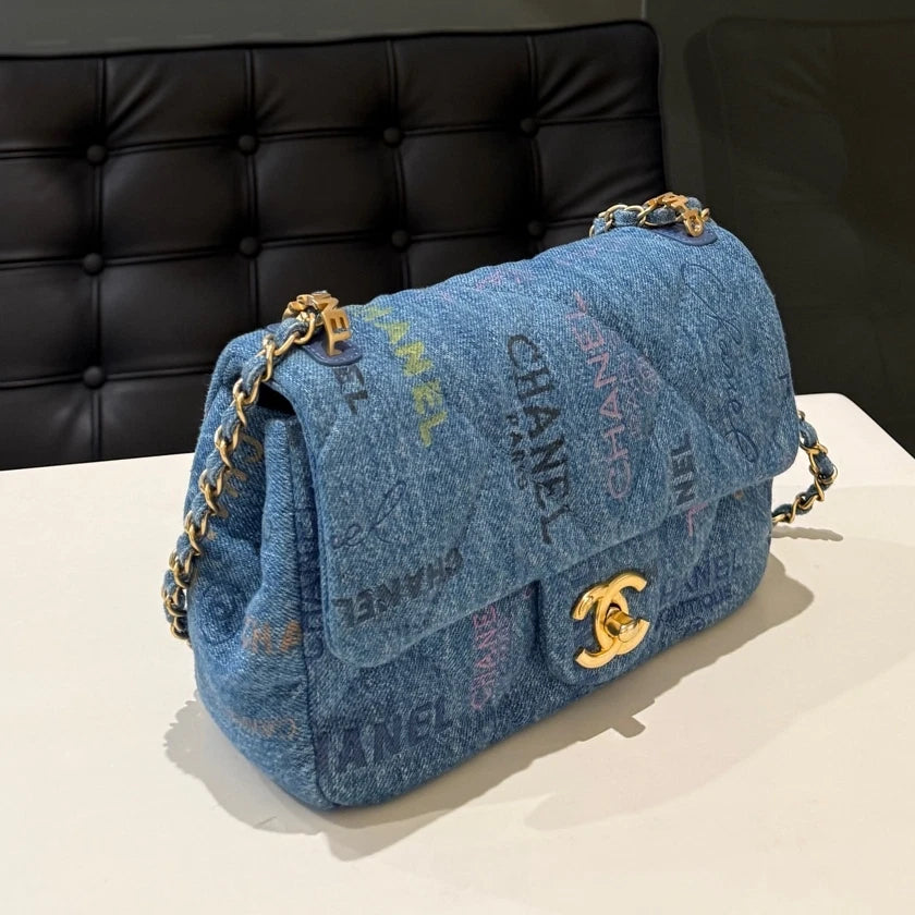 Chanel Classic Flap Small Blue Denim Chain Shoulder Crossbody Bag