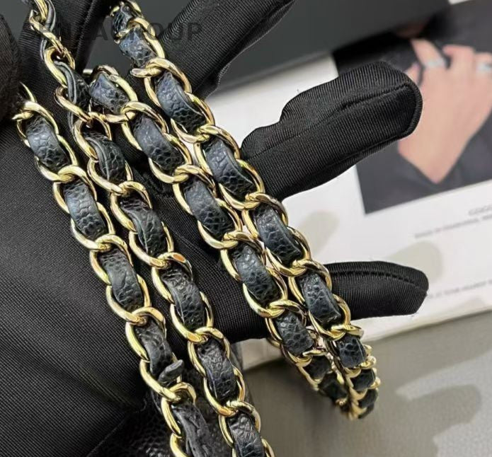 Chanel Classic Flap MM Chain Shoulder Bag Black Gold Diamond Women Fashion