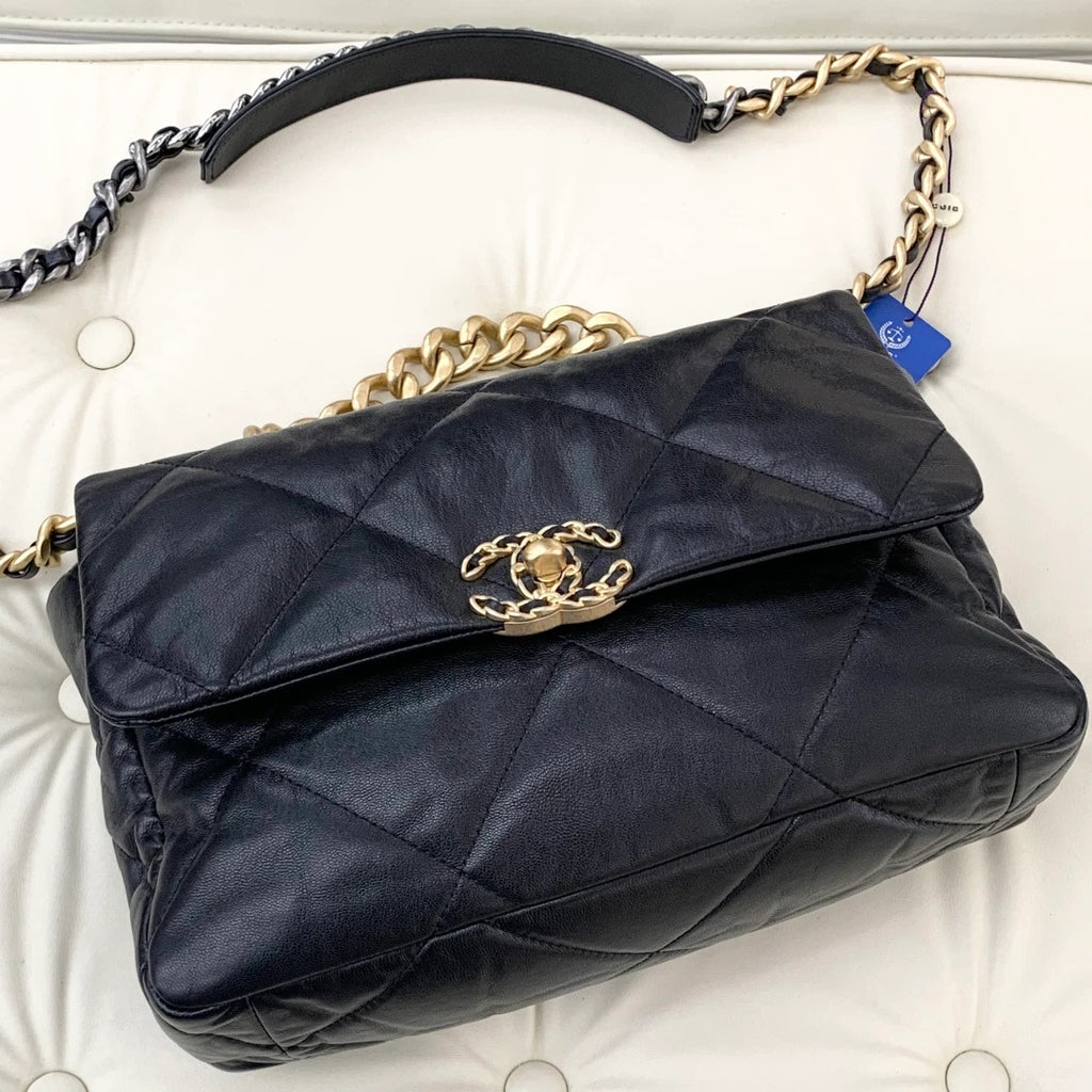 Chanel 19Bag MM Goatskin Chain Shoulder Crossbody Bag Black Gold Women S