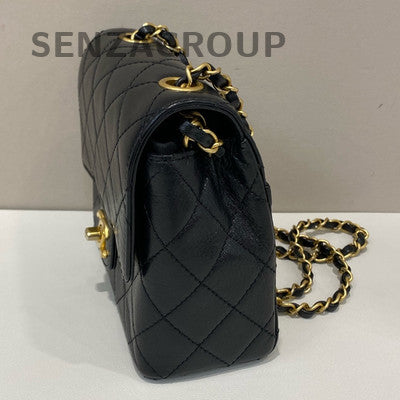 Chanel Mini Classic Flap Black Gold Quilted Lambskin Chain Crossbody Bag