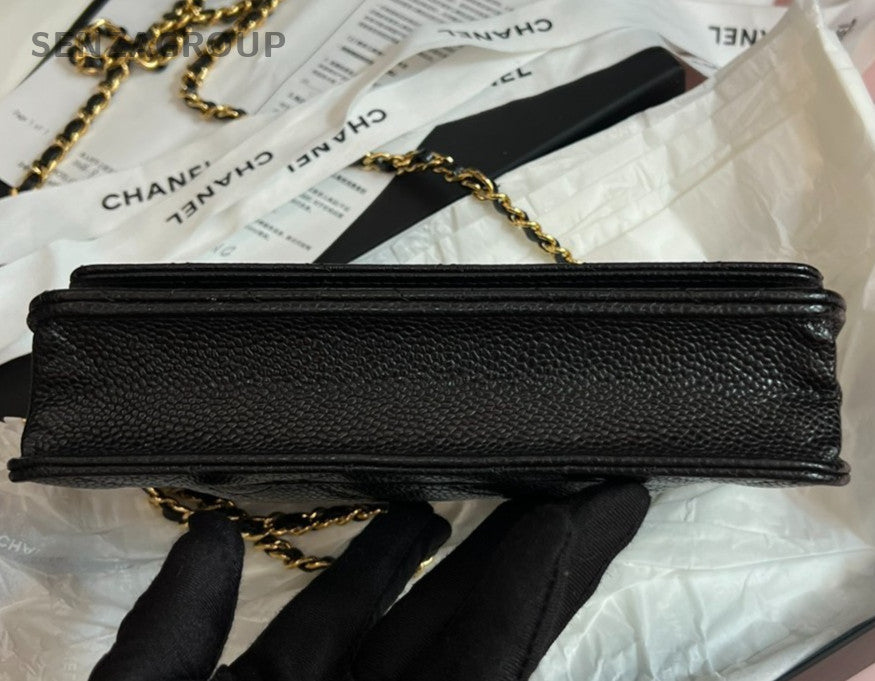 Chanel WOC Chain Calfskin Crossbody Shoulder Bag Black Gold Women Classic