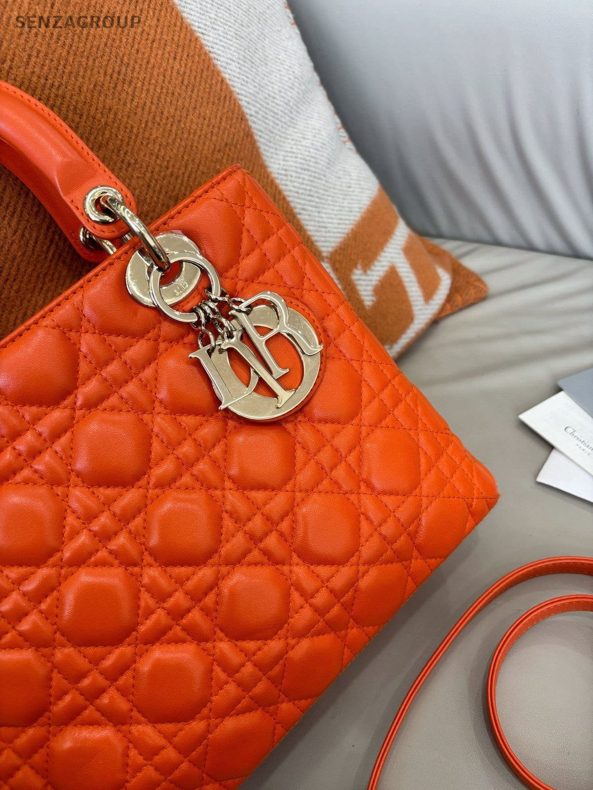 Christian Dior Lady Top Handle Lambskin 2WAY Shoulder Handbag Women Orange