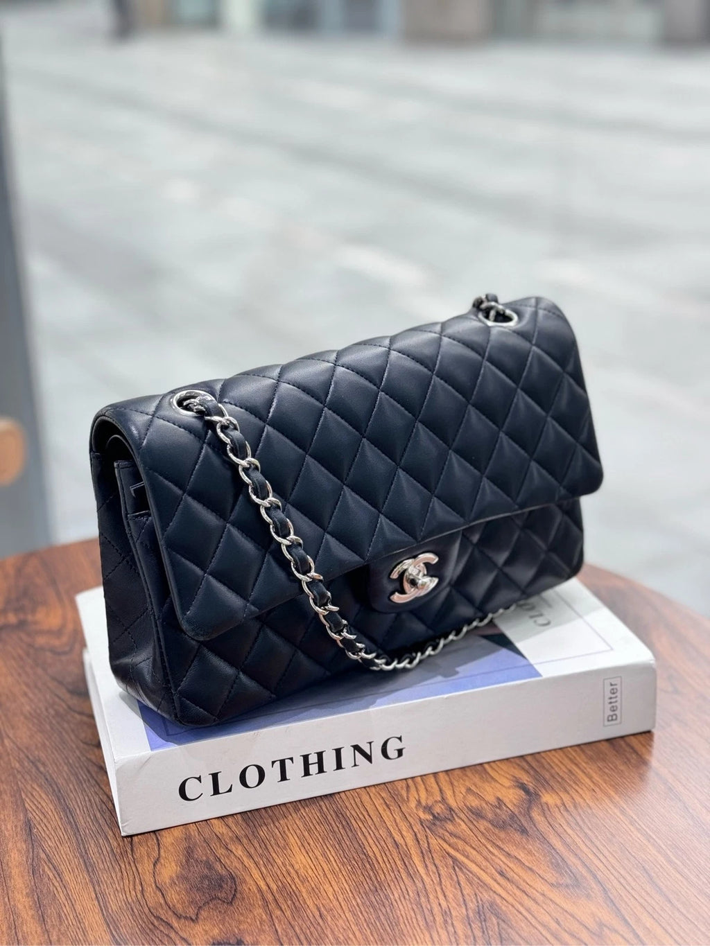 CHANEL Black Silver Lambskin Medium CF Shoulder Bag For Women Pre-owned