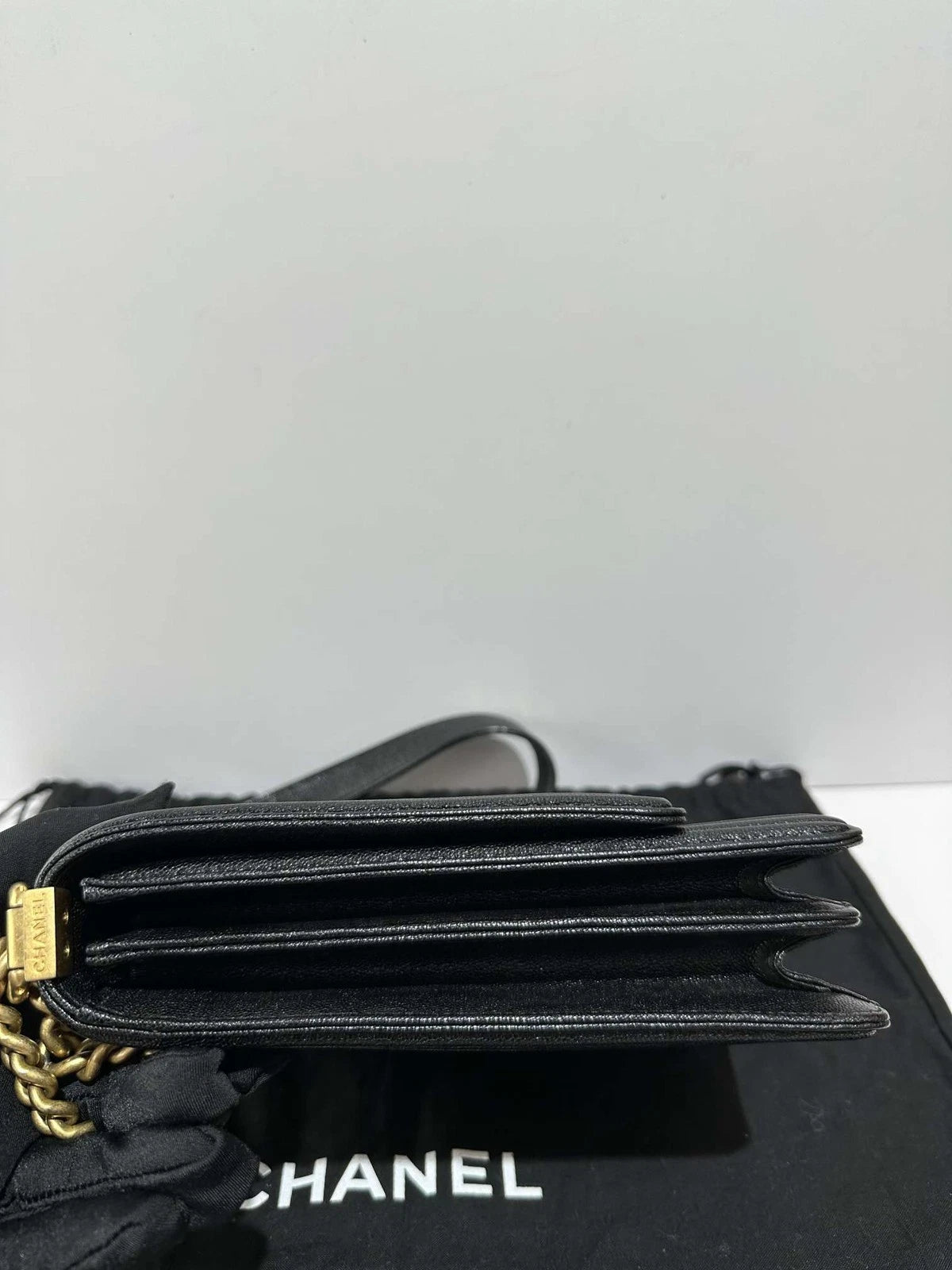 CHANEL Vertical Leboy Black Gold Leather Shoulder Bag For Women