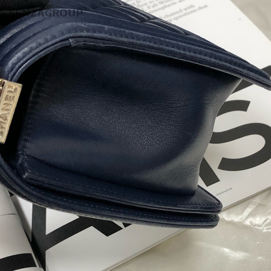 Chanel Lambskin Blue Silver Hardware Medium Boy Bag Chain Shoulder Crossbody