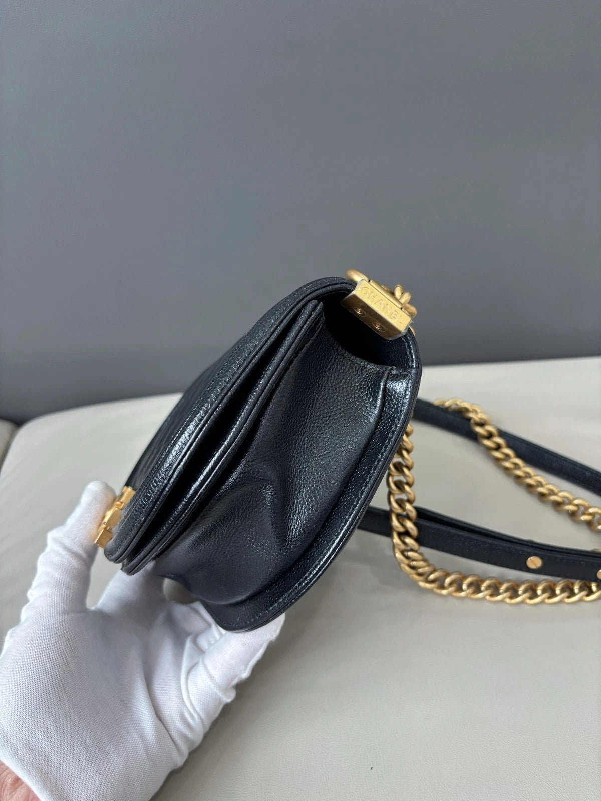Chanel Le Boy Crossbody Shoulder Bag Black Gold Women Classic