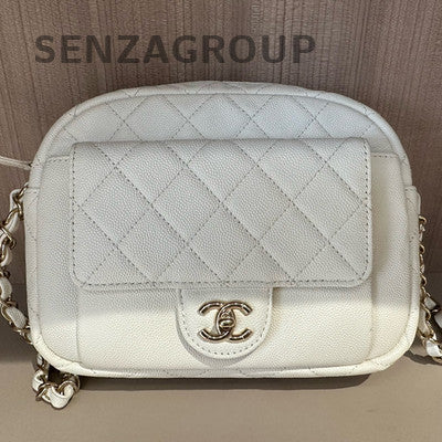 Chanel White Quilted Camera Bag with Gold Hardware