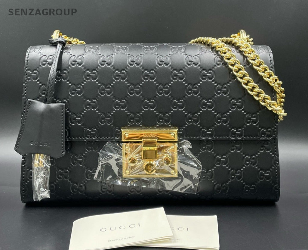 Gucci Padlock Chain Shoulder Bag Black Gold Used Women Classic Fashion
